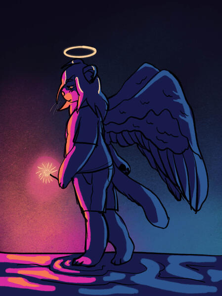 catboy angel holding a sparkler firework in his hand as he walks on water